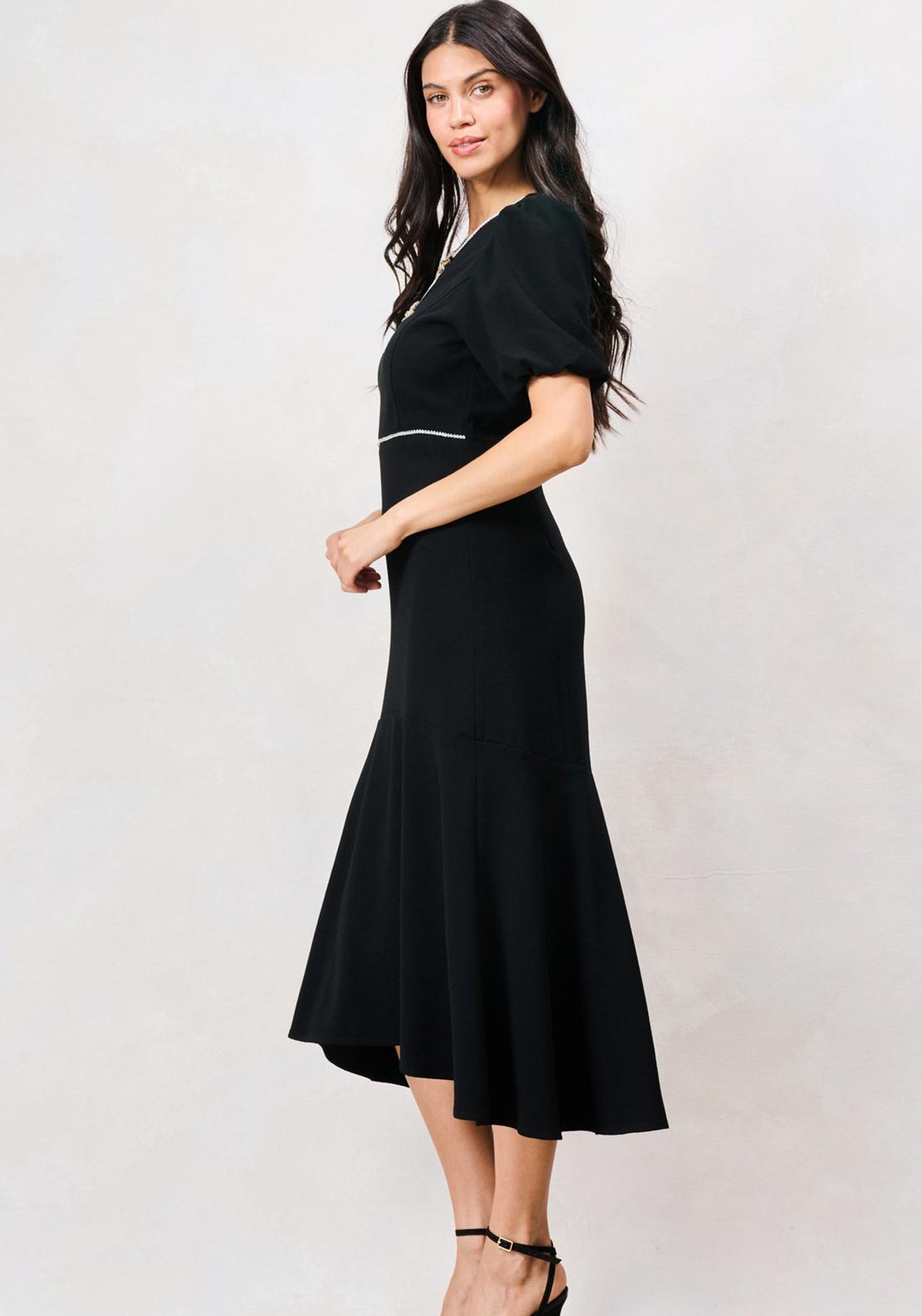 Hope & Ivy Sutton Puff Sleeve with Diamante Detail Midi Dress, Black