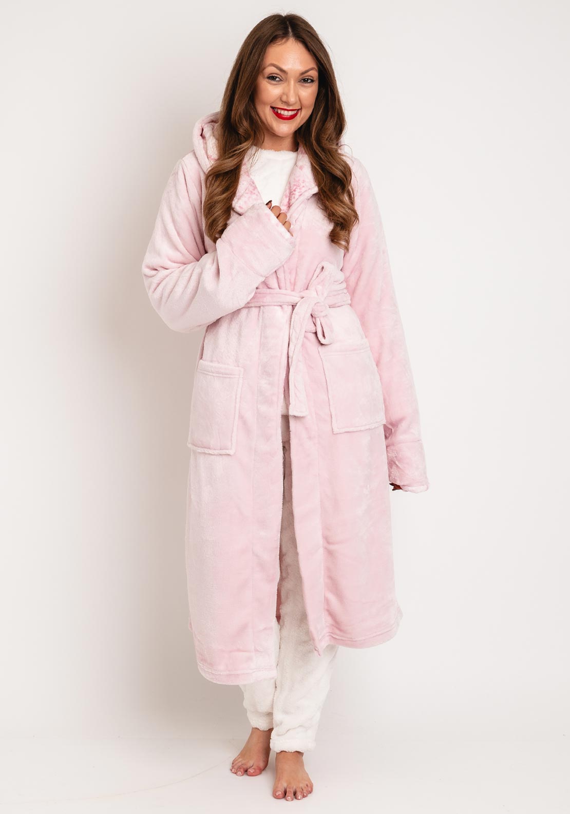 Indigo Sky Animal Trim Fleece Hooded Dressing Gown, Pink - McElhinneys Indigo Sky Animal Trim Fleece Hooded Dressing Gown, Pink - McElhinneys
