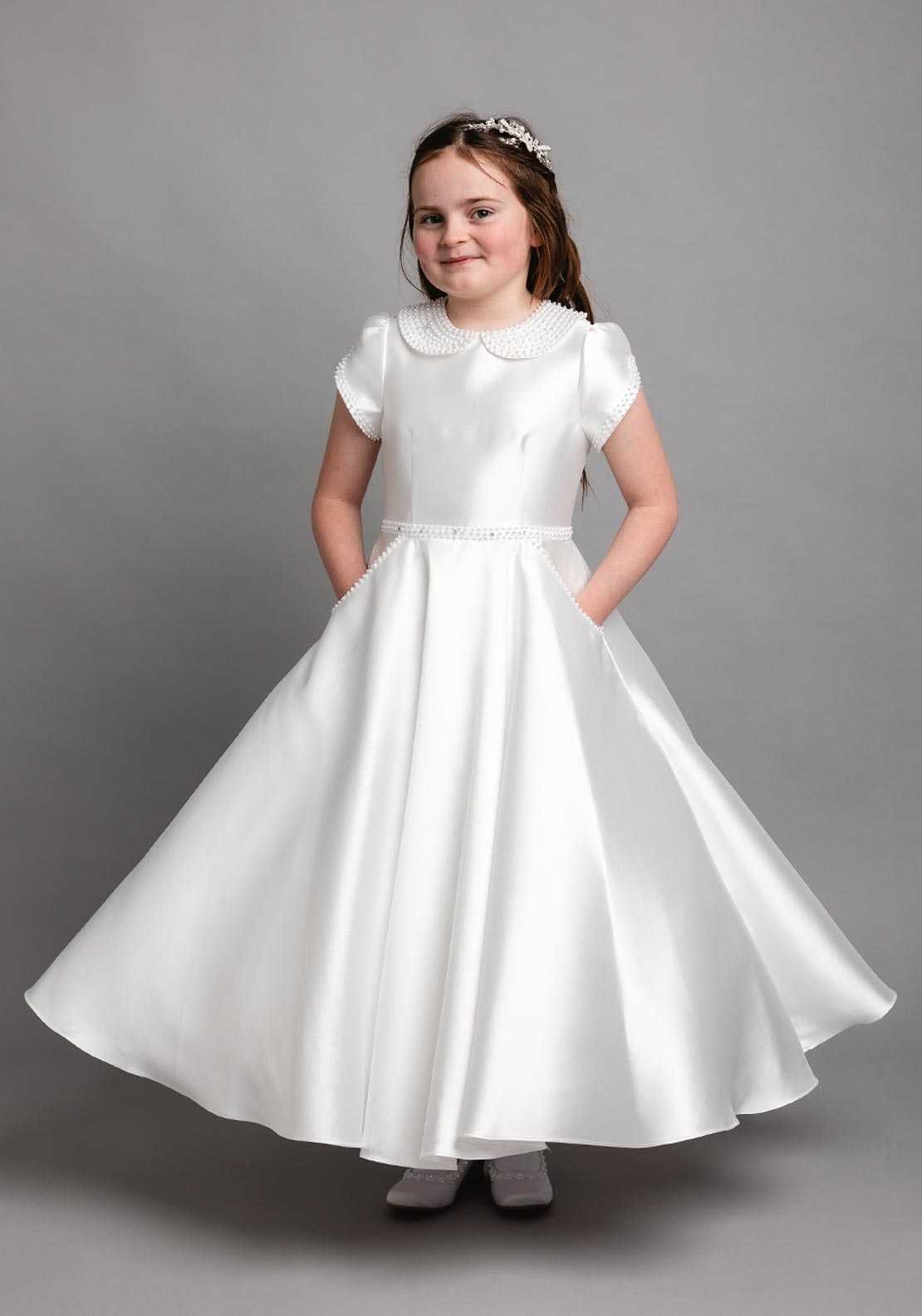 knee length communion dresses ireland Irish First Communion Dress Satin Bodice with Shamrocks On Neckline