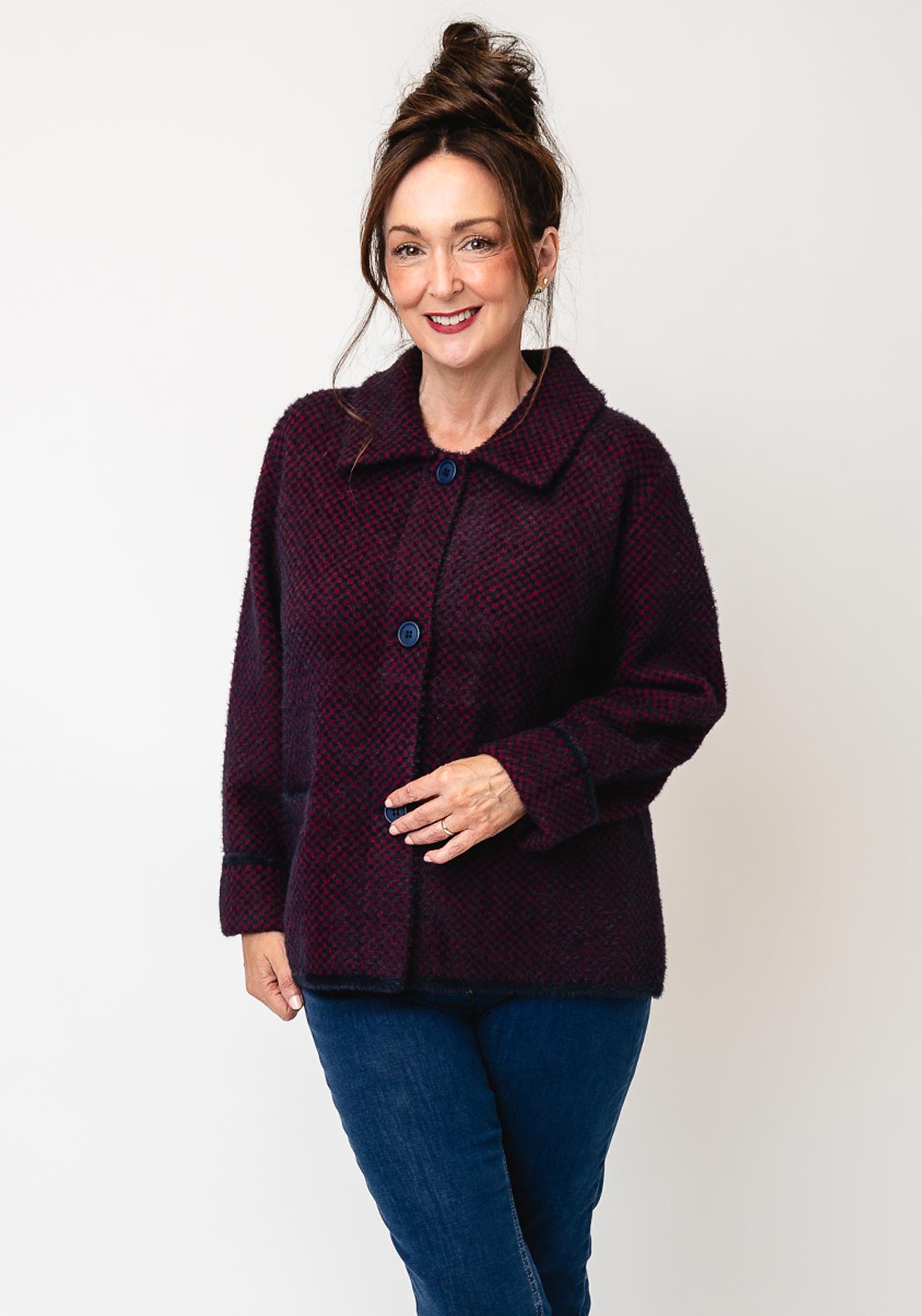 Jessica Graaf Fluffy Check Knit Cardigan, Wine and Navy