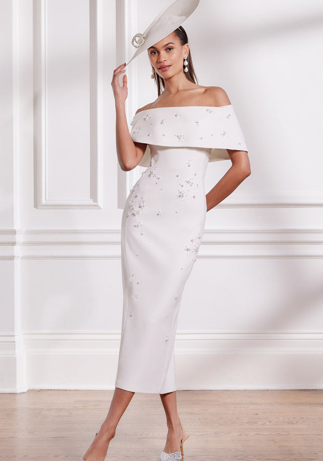 John Charles Pearl Embellished Bardot Pencil Dress, Ivory - McElhinneys John Charles Pearl Embellished Bardot Pencil Dress, Ivory - McElhinneys