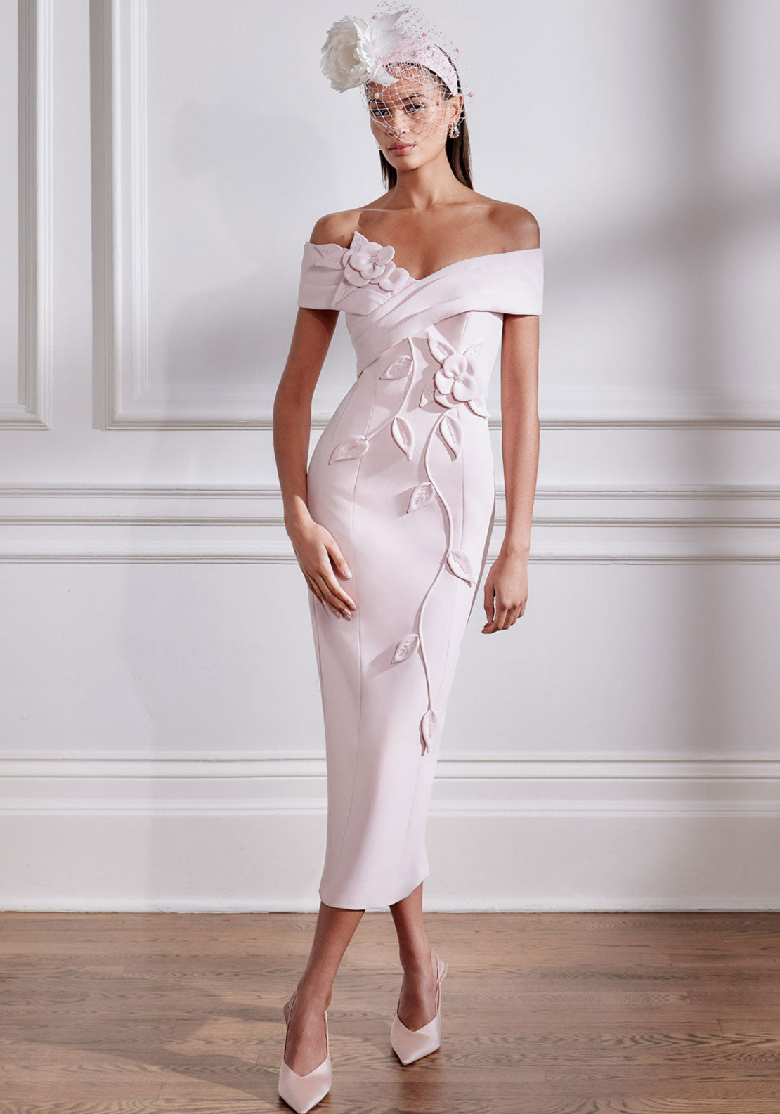 John Charles 3D Floral Bardot Pencil Dress, Pink