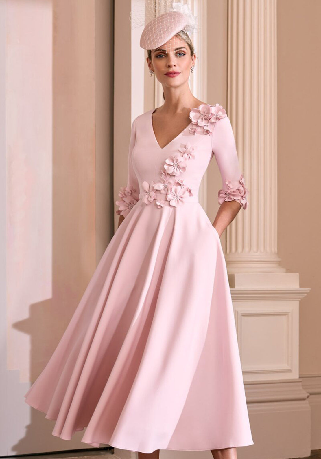 John Charles Floral Embellished A-Line Midi Dress, Petal Pink John Charles Floral Embellished A-Line Midi Dress, Petal Pink