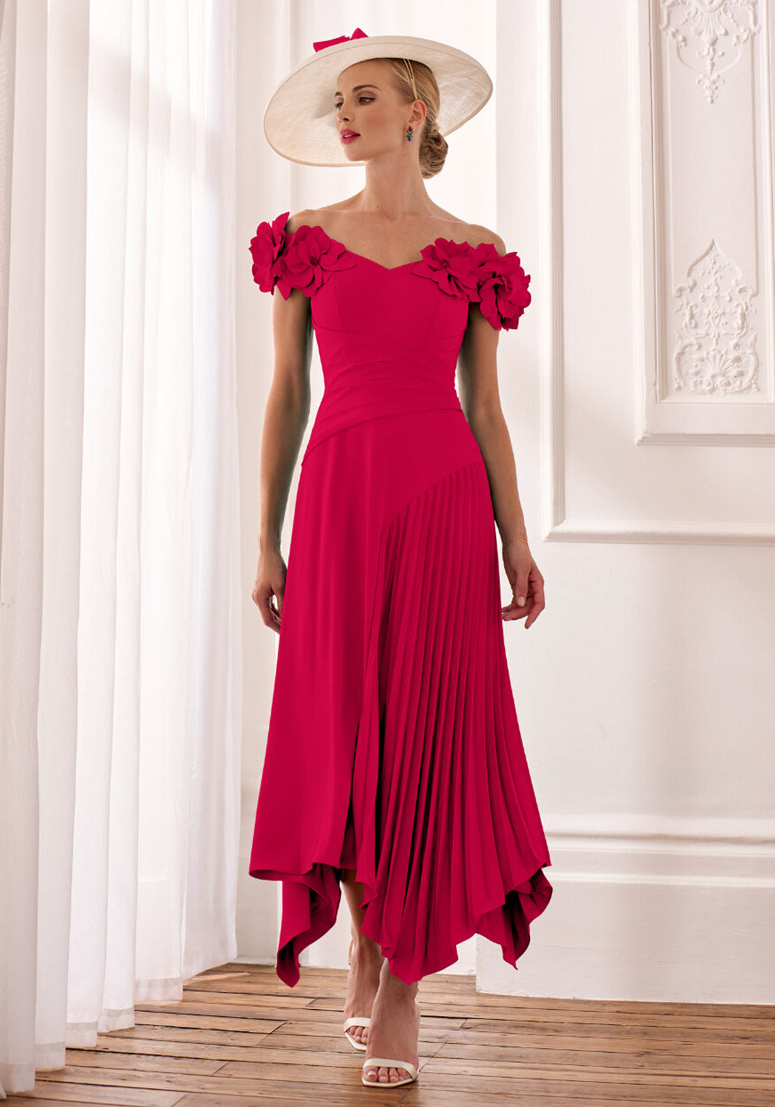 John Charles Floral Bardot A-Line Midi Dress, Ruby Pink John Charles Floral Bardot A-Line Midi Dress, Ruby Pink