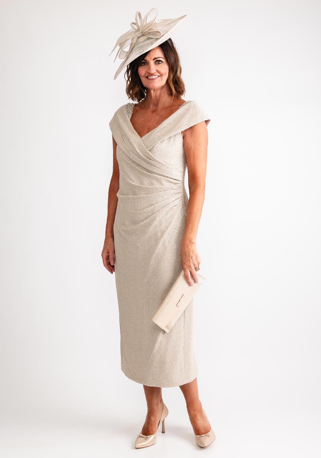 sachin and babi light blue dress John Charles Bardot Neckline Beaded Shoulder Midi Dress, Oyster