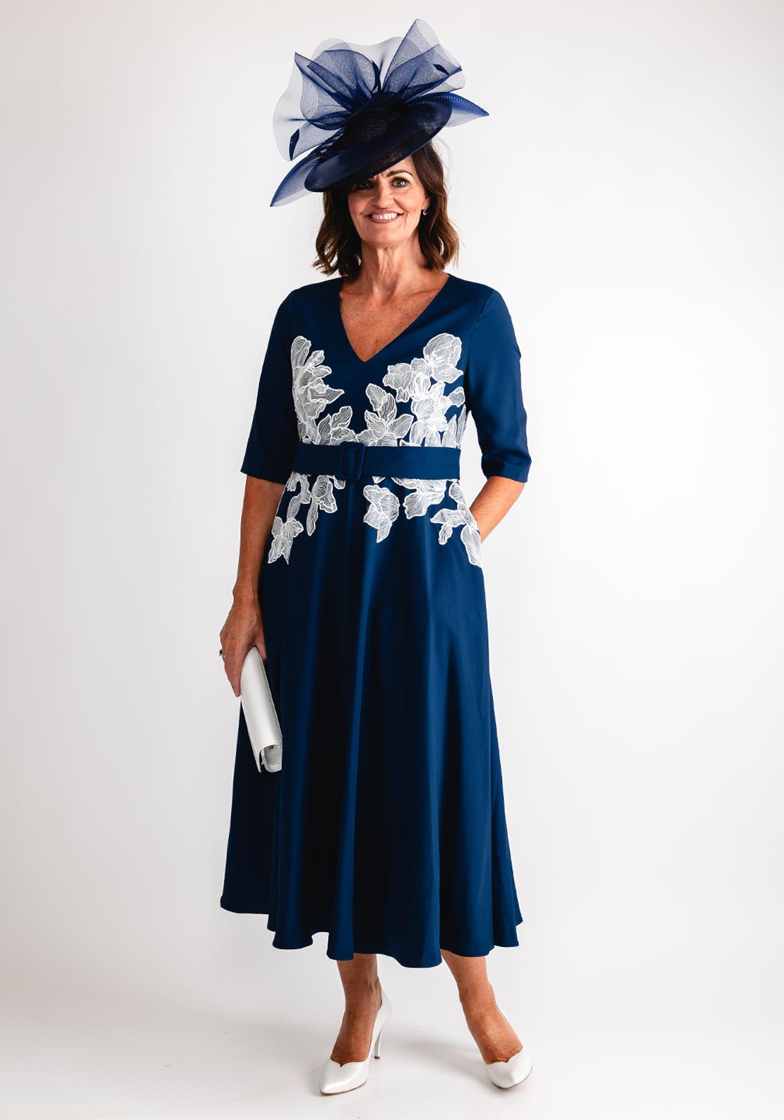 John Charles Straight Lace Dress With Overskirt Navy/Ivory 66725