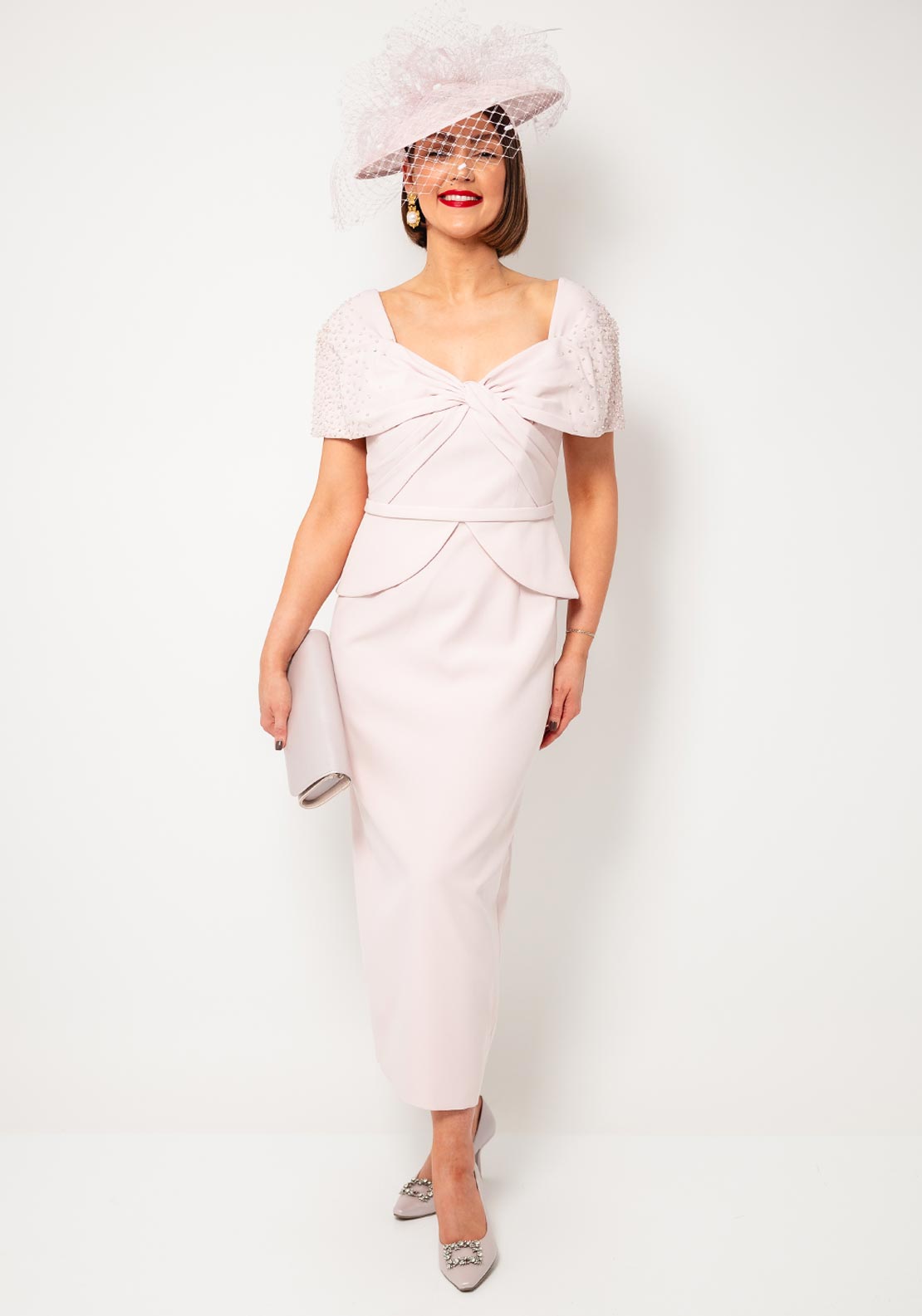 John Charles Beaded Bardot Pleated Dress, Petal Pink
