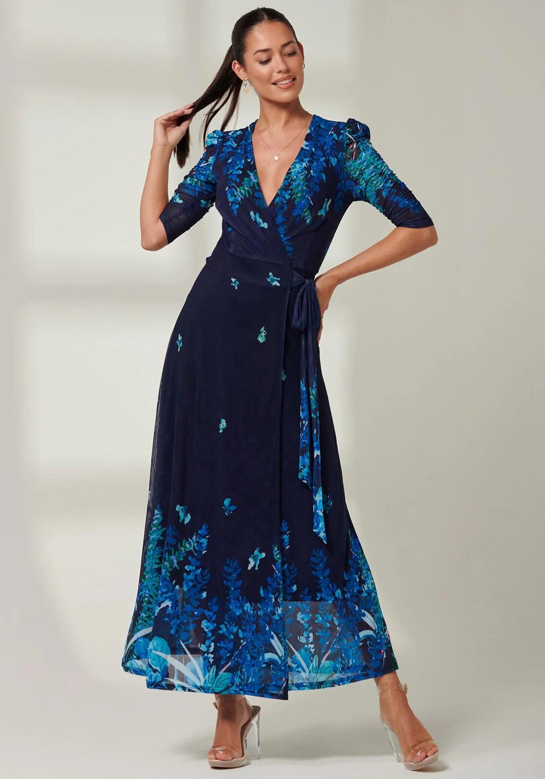 jolie maxi dress Jolie Moi Kinley Print Wrap Mesh Maxi Dress, Navy Leaf