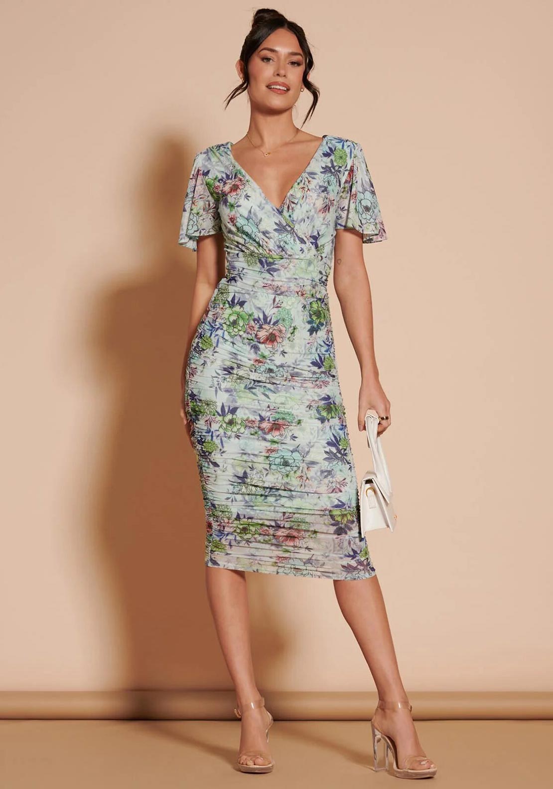 Jolie Moi Angel Sleeve Rushed Midi Dress, Green Floral McElhinneys