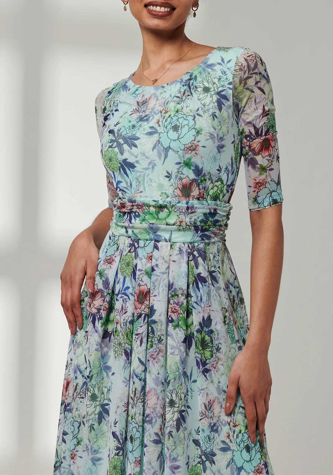 Jolie Moi Bella Floral Mesh Maxi Dress, Green Floral - McElhinneys Jolie Moi Bella Floral Mesh Maxi Dress, Green Floral - McElhinneys