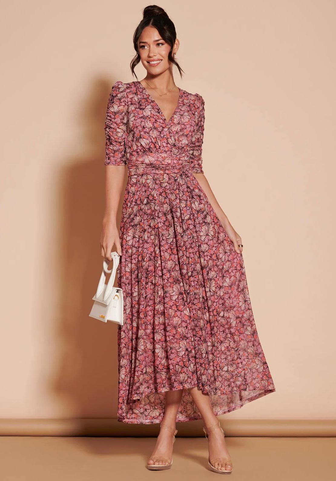 Jolie Moi Floral Print Maxi Dress With Sleeves Pink Floral Jolie