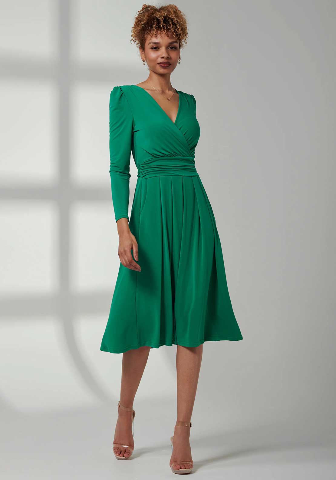 Jolie Moi Plain Long Sleeve Jersey Midi Dress, Green - McElhinneys Jolie Moi Plain Long Sleeve Jersey Midi Dress, Green - McElhinneys