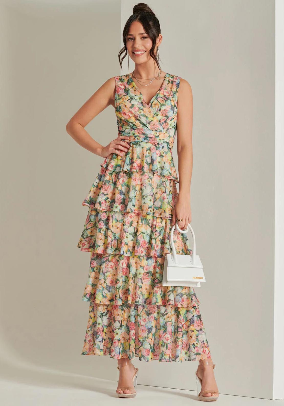 Jolie Floral Dress Jolie Moi Tiered Hem Mesh Maxi Dress, Yellow