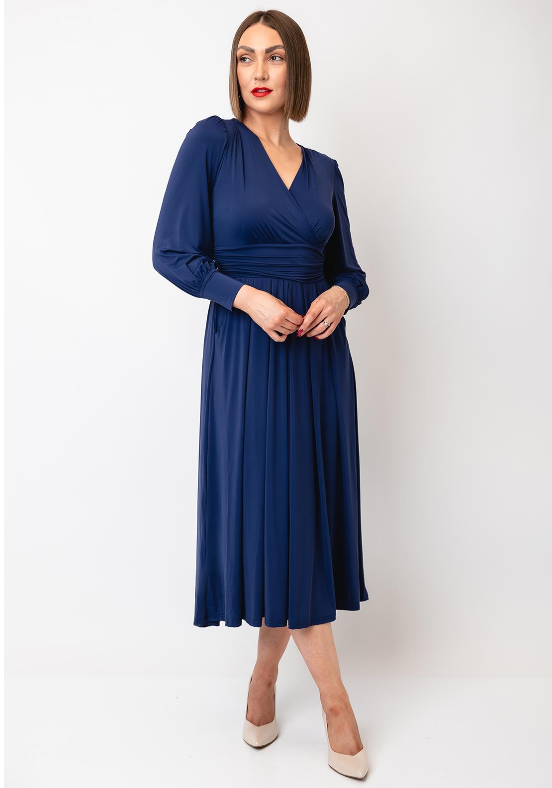 Jolie Moi Long Sleeve Soft Silky Jersey Midi Dress, Navy