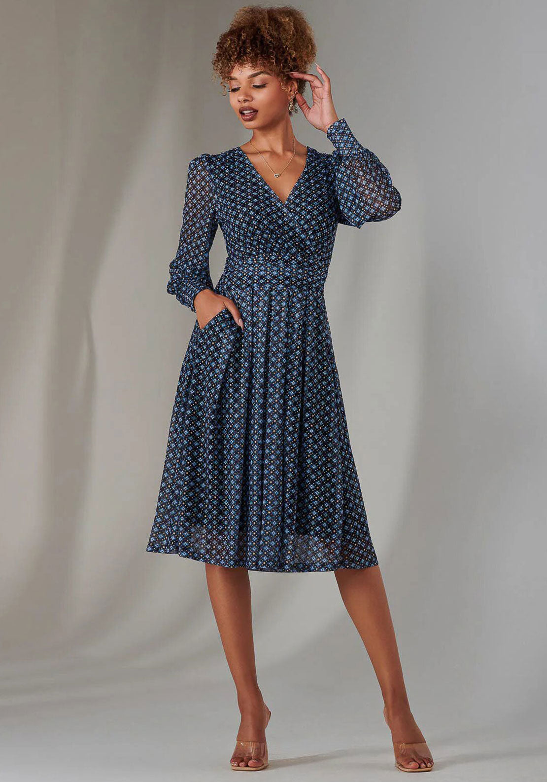Jolie Moi Long Sleeve Printed Midi Dress, Navy