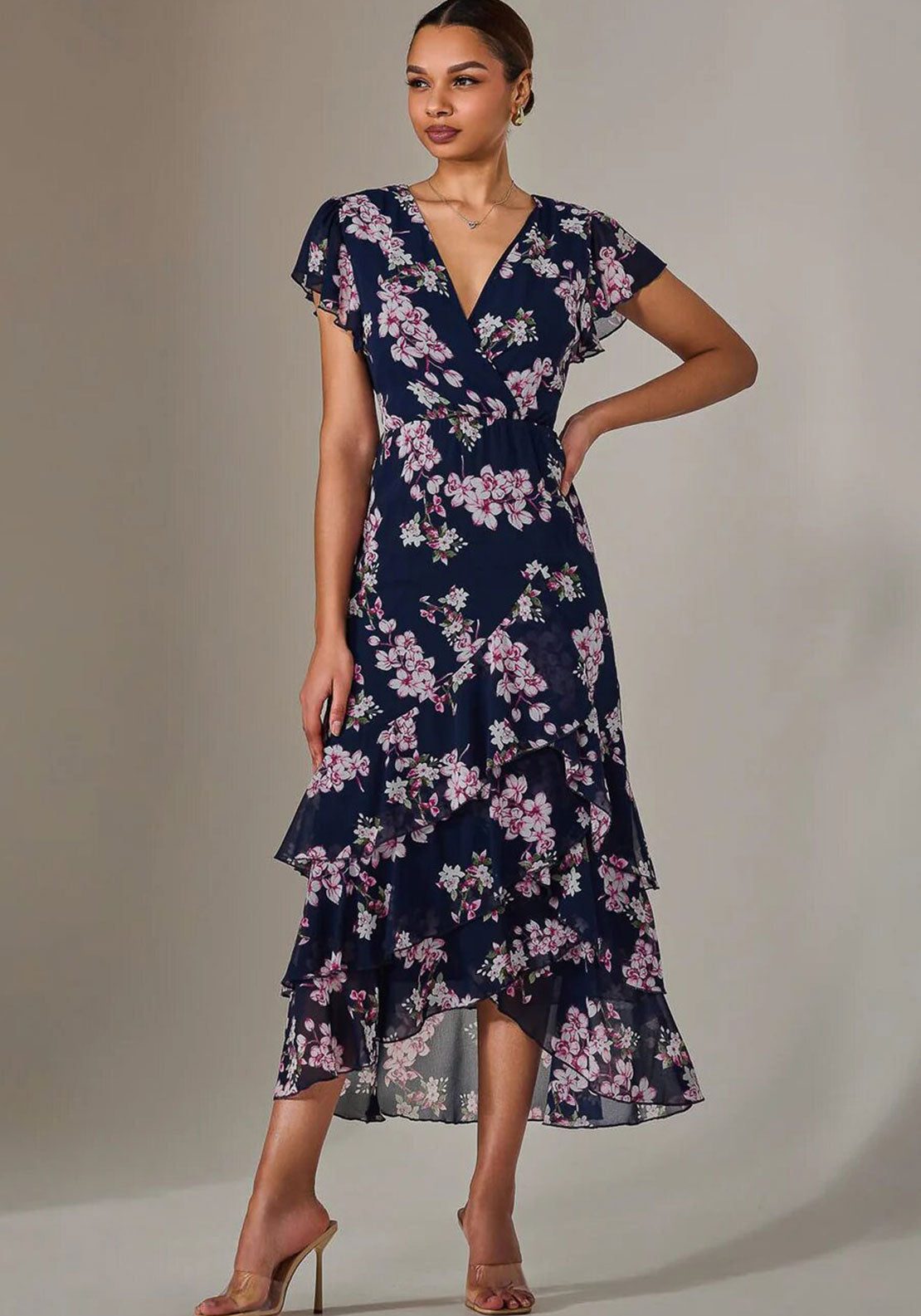Jolie Moi Chiffon Floral Ruffle Maxi Dress, Navy - McElhinneys