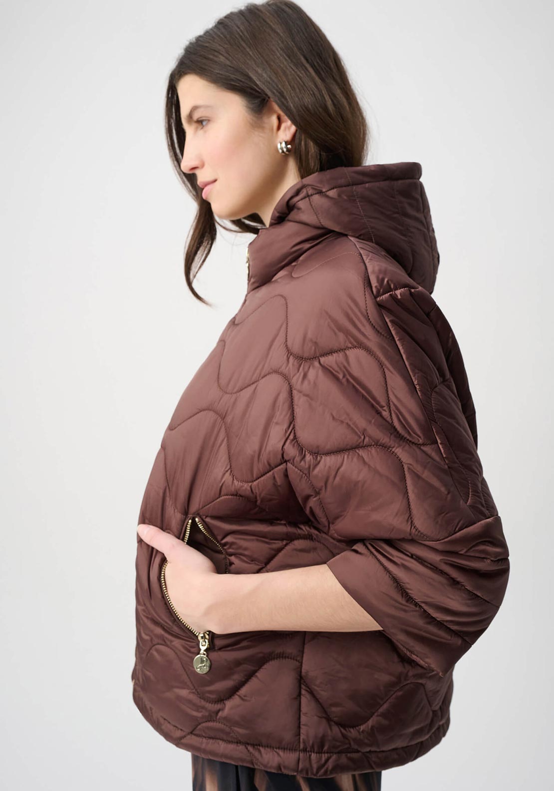 Joseph Ribkoff Quilted with Hood Waterproof Coat, Brown