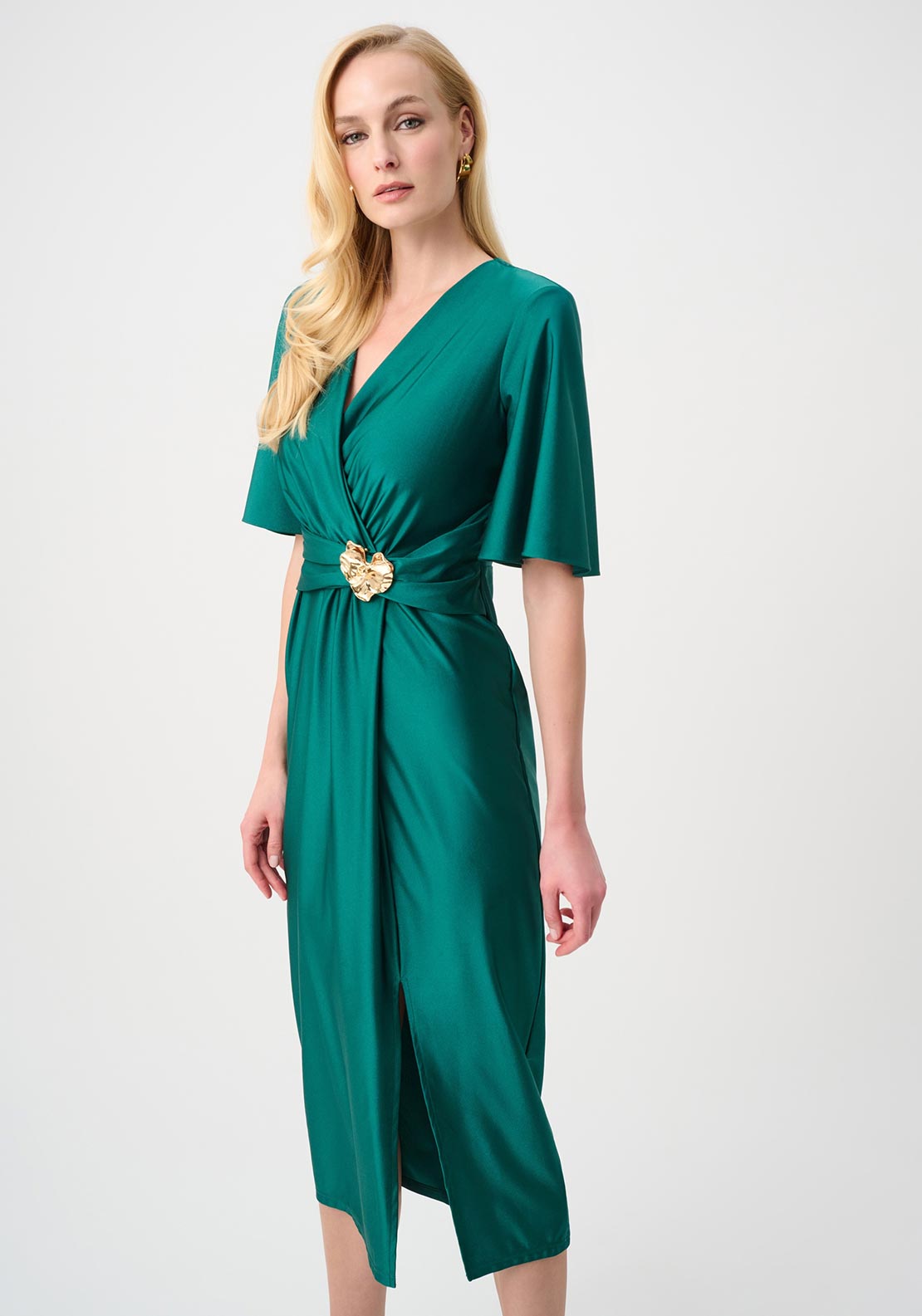 Joseph Ribkoff Satin Knit Wrap with Buckle Detail Dress, Green