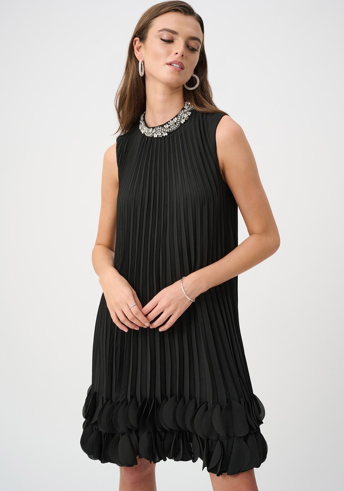 Joseph Ribkoff Pleated Embellished A-Line Midi Dress, Black