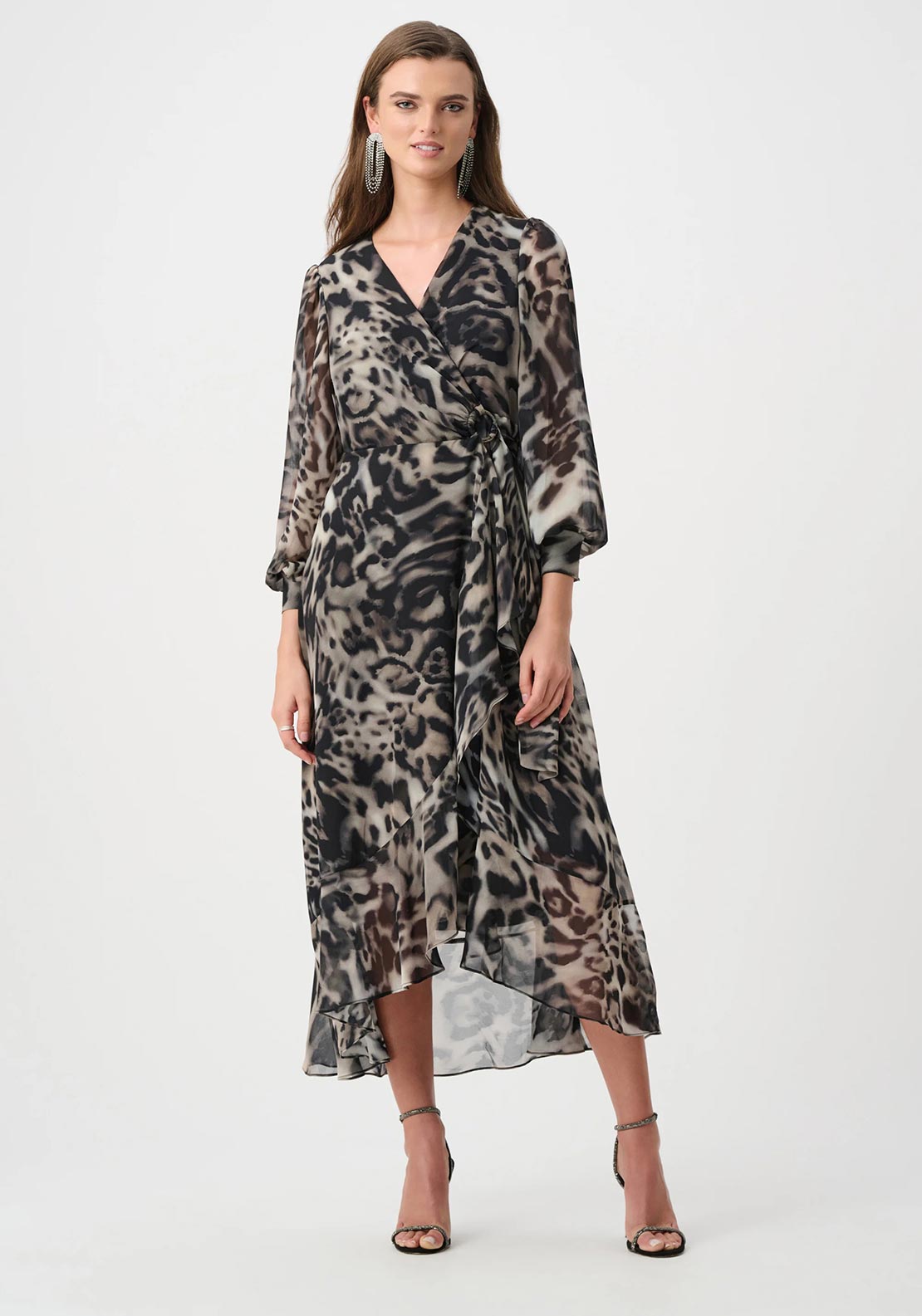 Joseph Ribkoff Chiffon Printed Wrap Midi Dress, Grey and Black