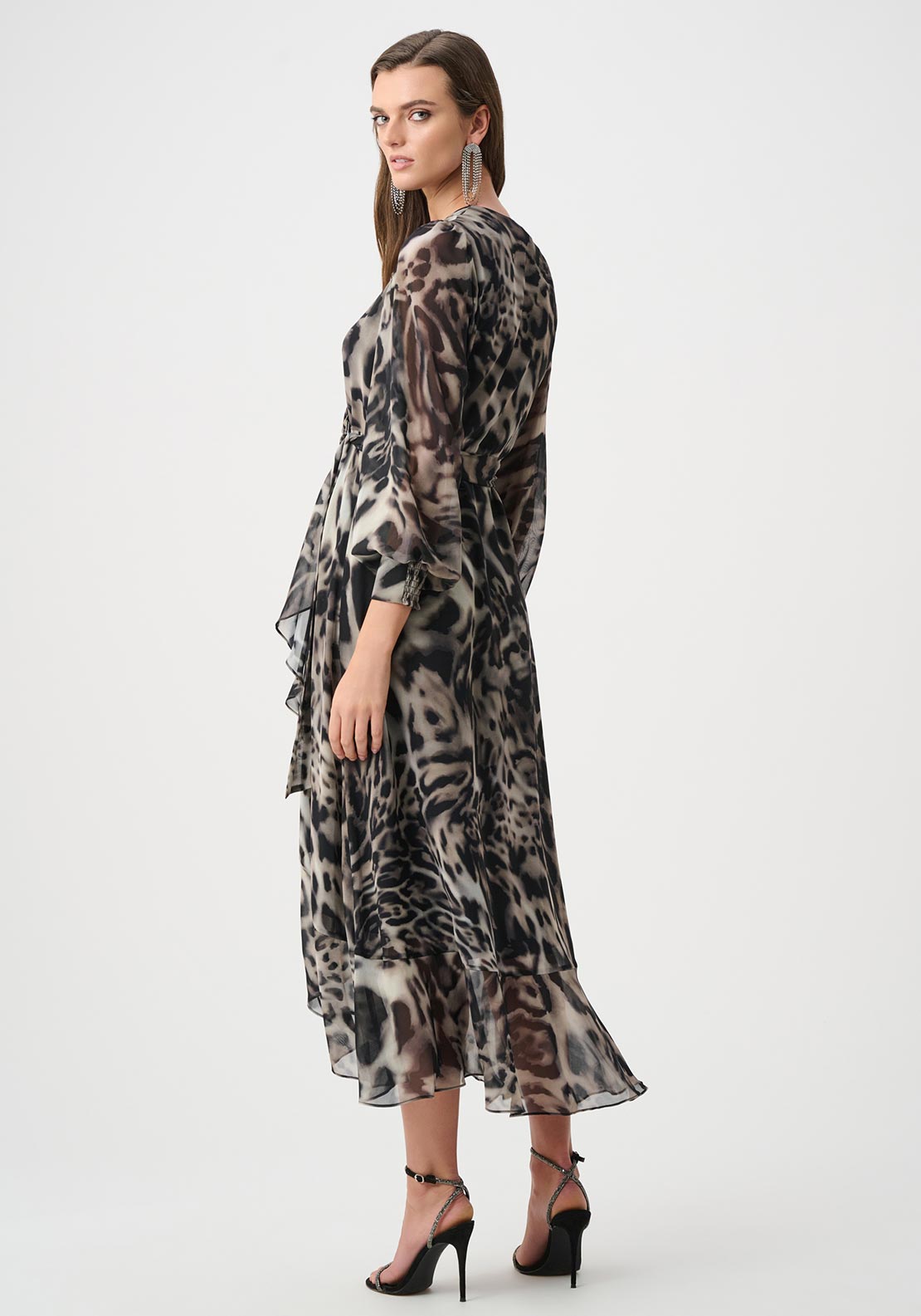 Joseph Ribkoff Chiffon Printed Wrap Midi Dress, Grey and Black