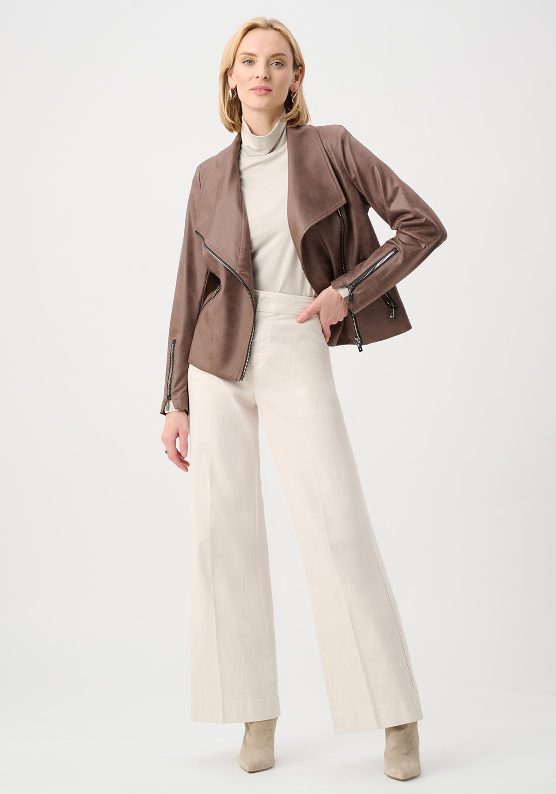 Joseph Ribkoff Foil Knit Fitted Faux Leather Jacket, Brown