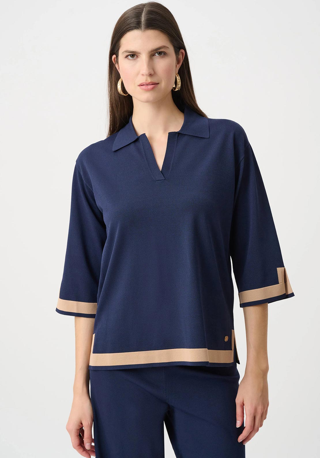 Joseph Ribkoff Sweater Knit Colour Block Top, Navy and Beige