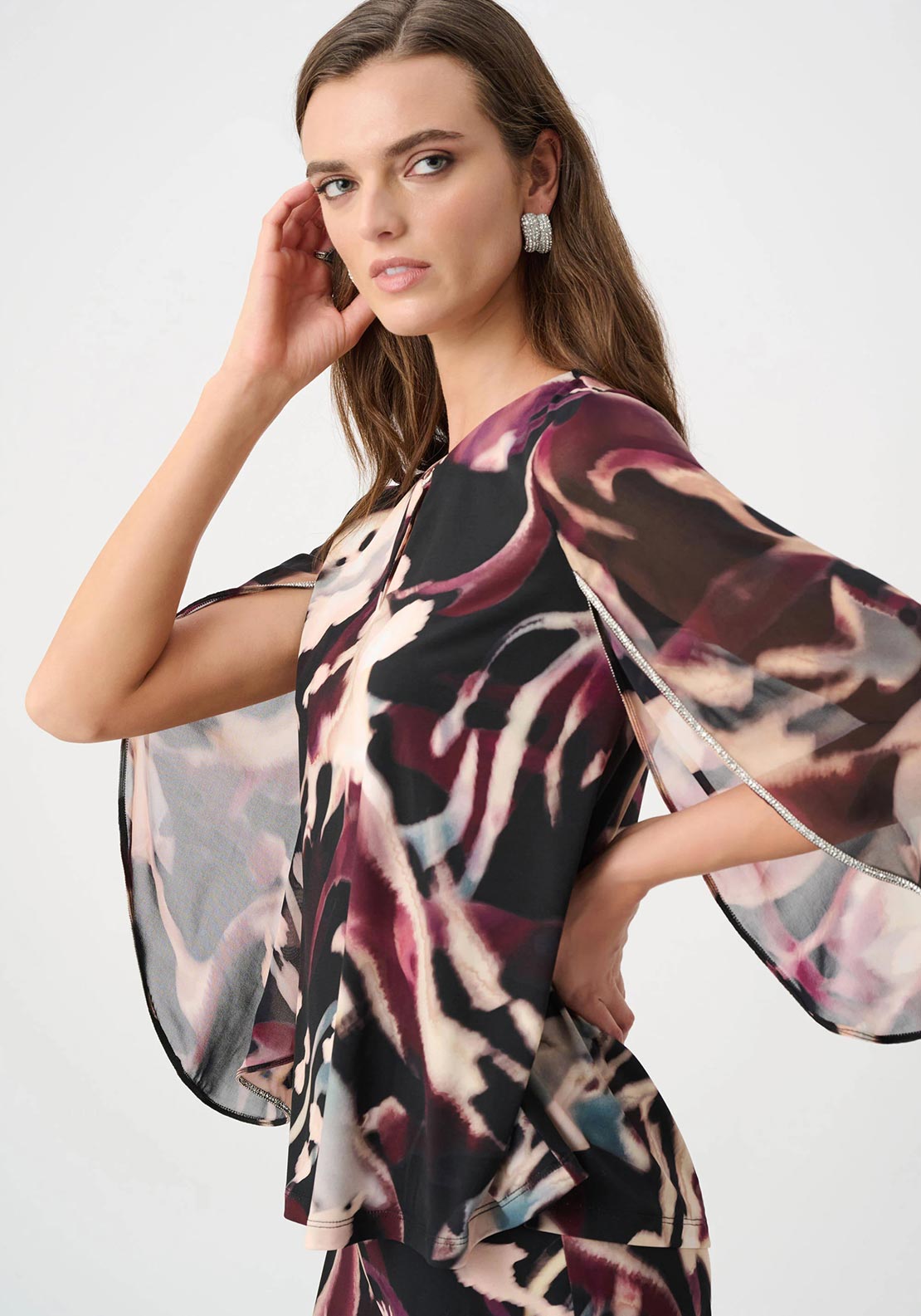 Joseph Ribkoff Chiffon Abstract Print with Rhinestone Detail Top, Black Multi
