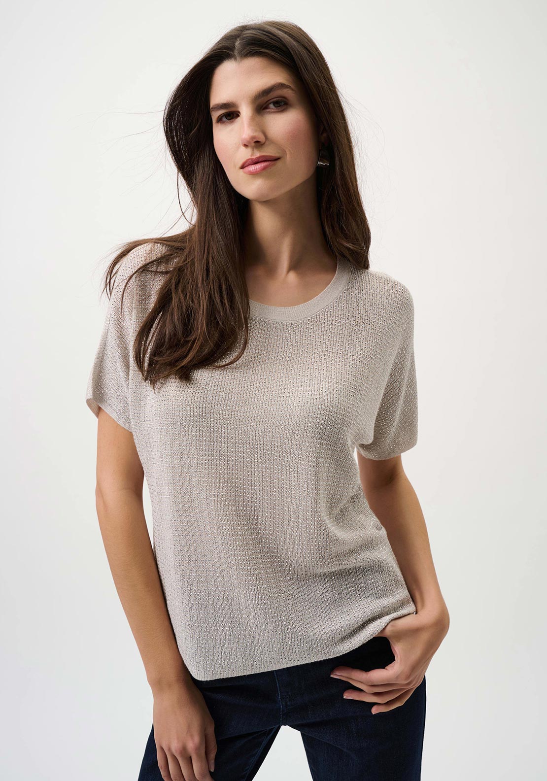 Joseph Ribkoff Metallic with Rhinestones T-Shirt, Grey