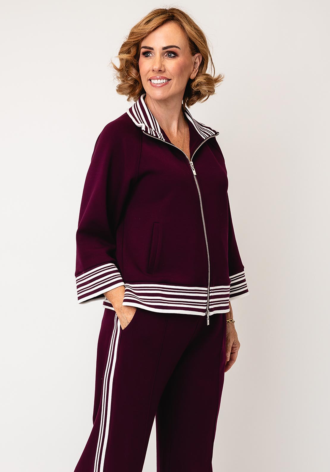 Joseph Ribkoff Striped Trim Zip Jacket, Wine