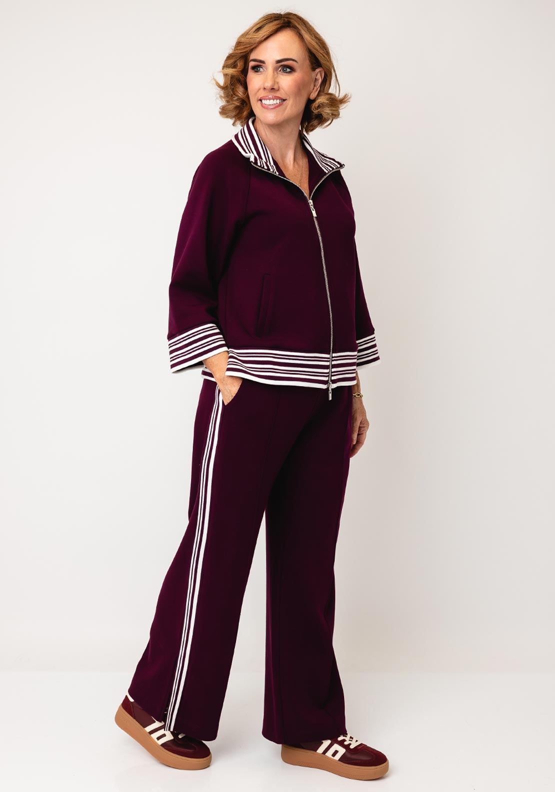 Joseph Ribkoff Striped Trim Zip Jacket, Wine