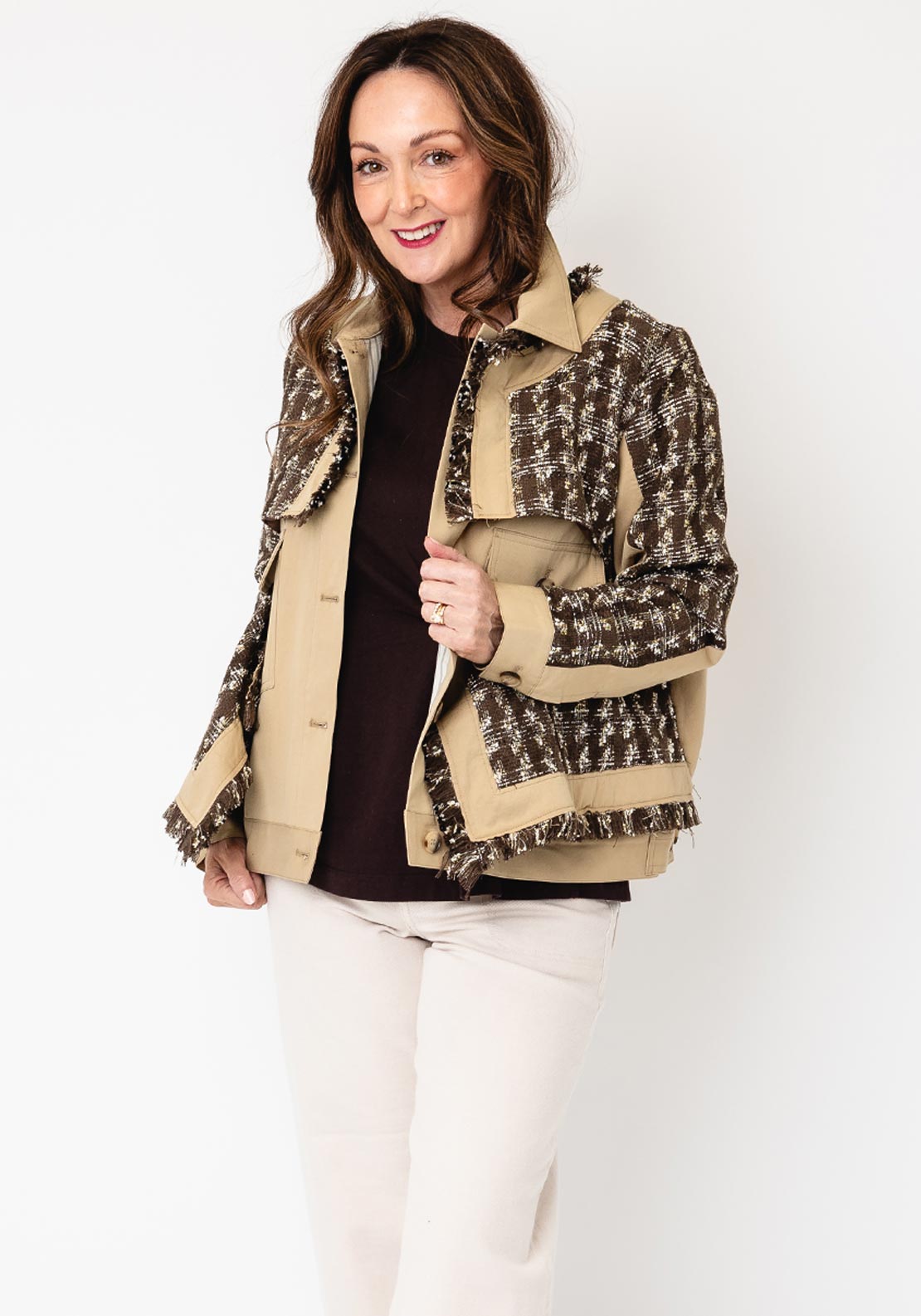 Jovonna Mixed Material Short Jacket, Beige Multi
