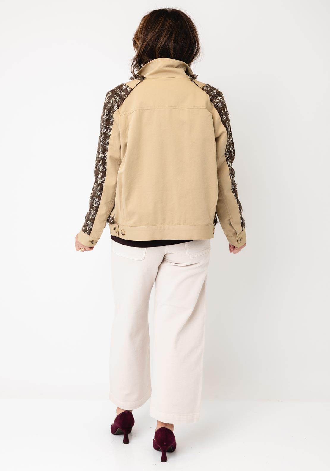 Jovonna Mixed Material Short Jacket, Beige Multi