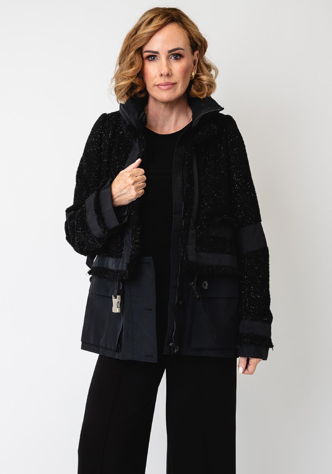 Jovonna Mixed Material Coat, Black