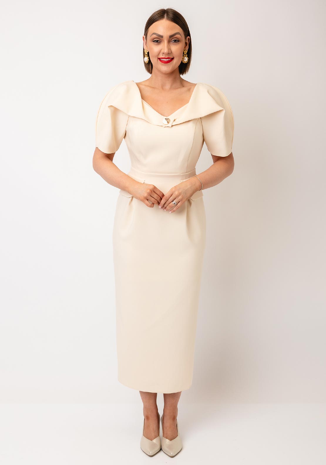 Kameya Puff Sleeve Pencil Dress, Cream - McElhinneys Kameya Puff Sleeve Pencil Dress, Cream - McElhinneys