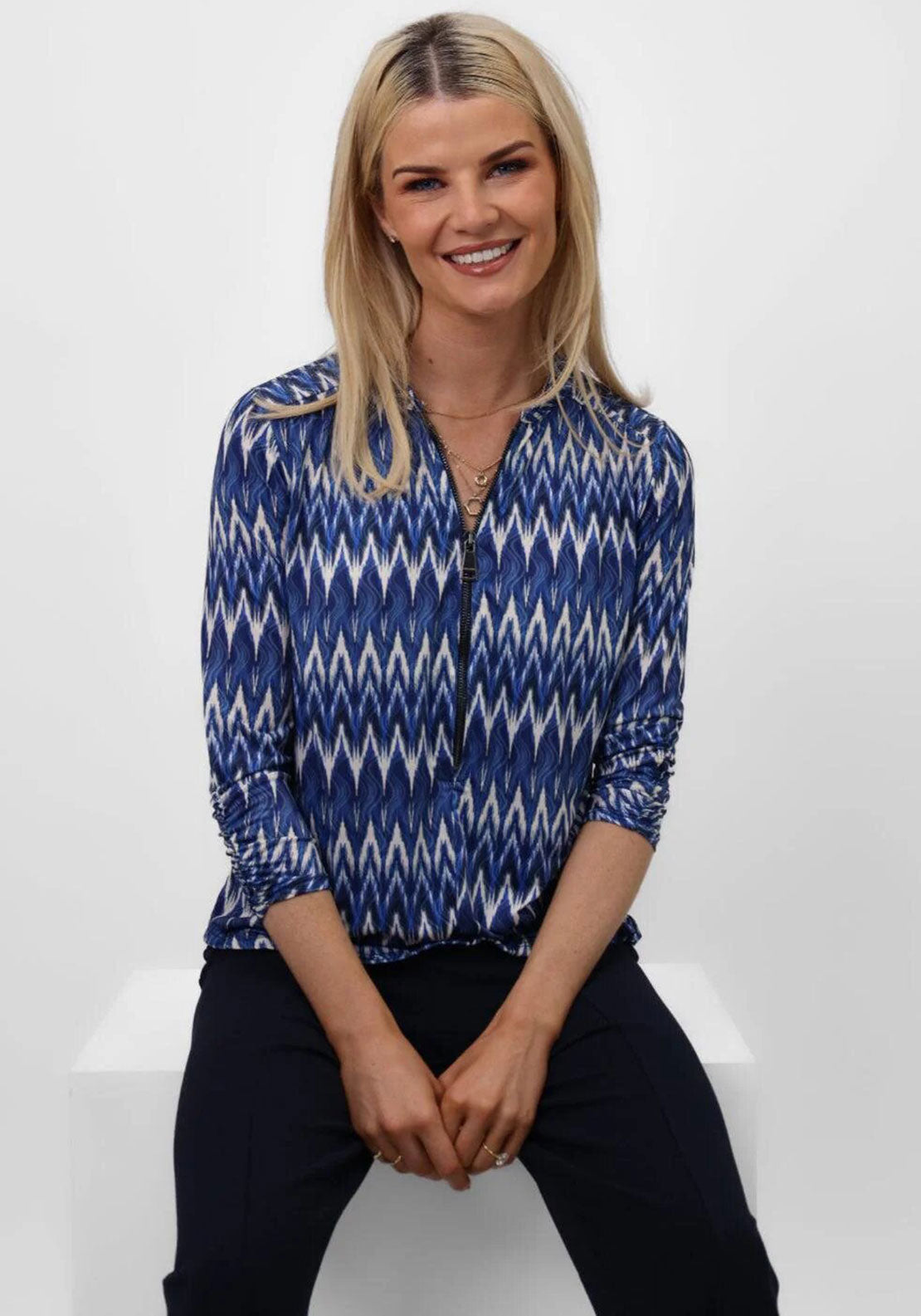 Kate and Pippa Chevron Print Zip Top, Navy