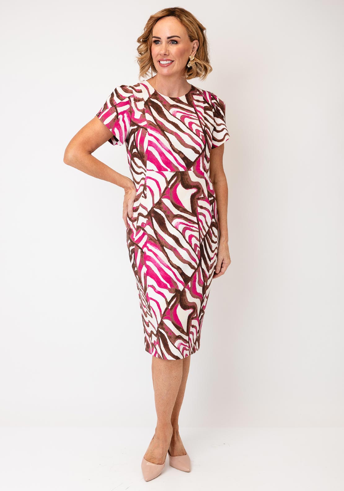 Kate Cooper Geometric Print Midi Dress, Pink Multi