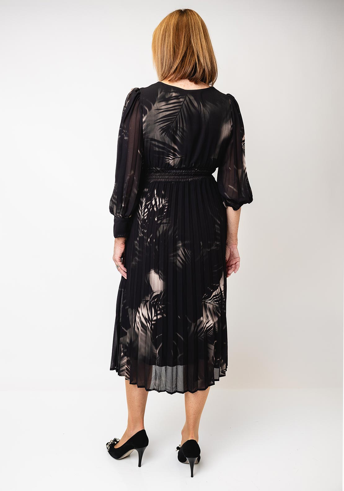 Kate and Pippa Leaf Print Pleated Dress, Black