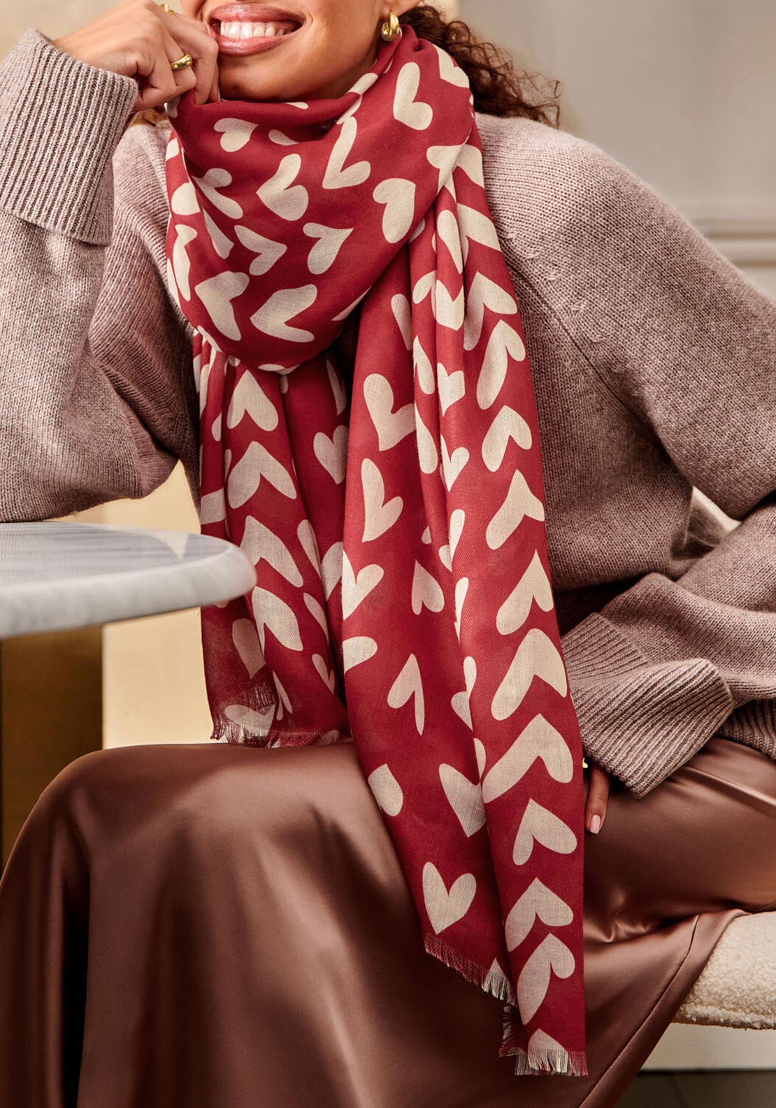 Katie Loxton Heart Print Scarf, Red and Nude McElhinneys