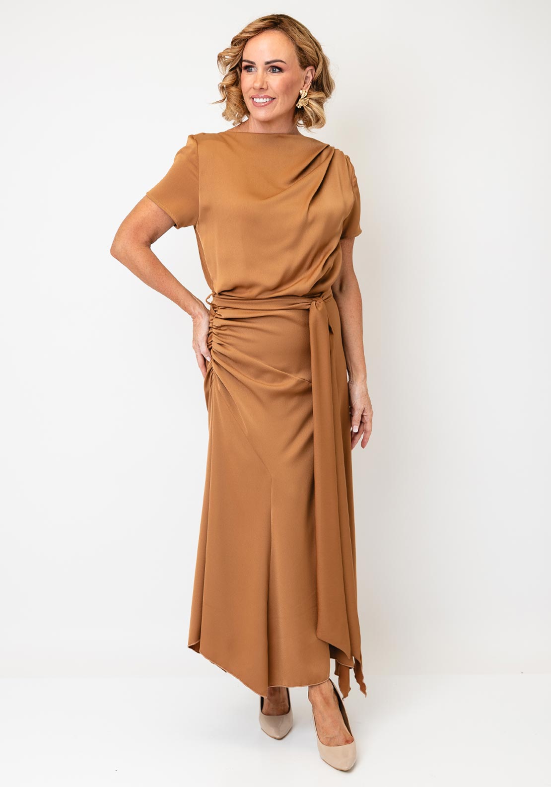 Kevan Jon Dotty Cowl Back Drape Dress, Brown
