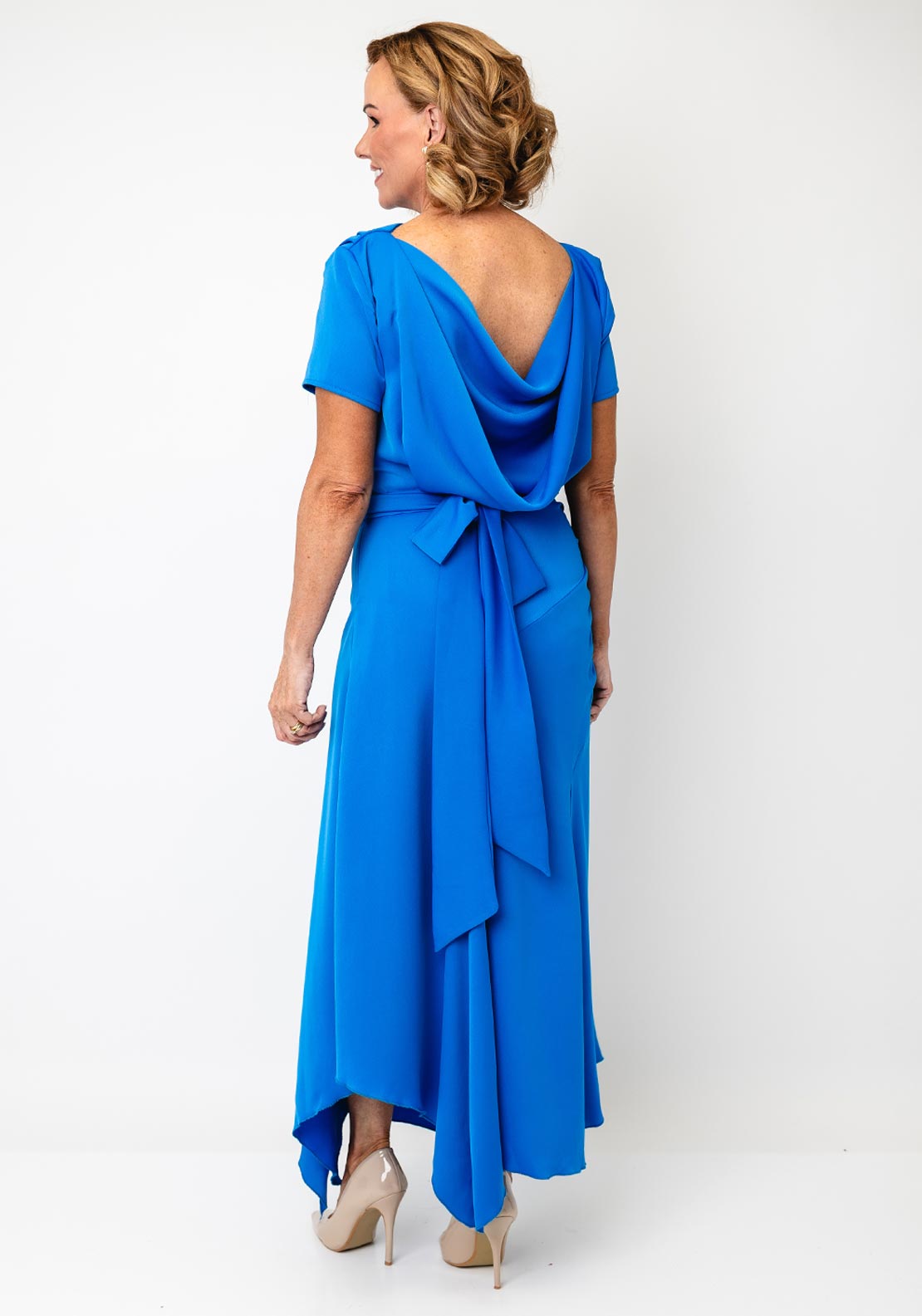 Kevan Jon Dotty Cowl Back Drape Dress, Blue