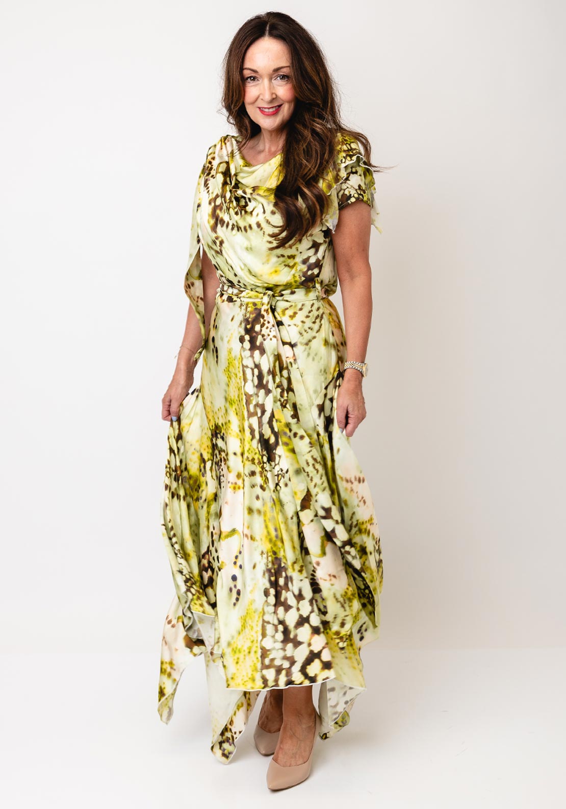 Kevan Jon Elodie Printed Asymmetric Dress, Lime Green