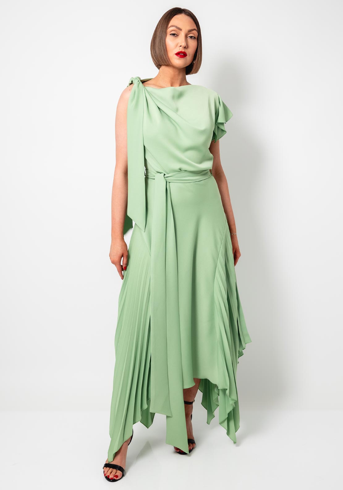 Kevan Jon Emilia Asymmetric Pleated Dress, Pistachio Green - McElhinneys Kevan Jon Emilia Asymmetric Pleated Dress, Pistachio Green - McElhinneys