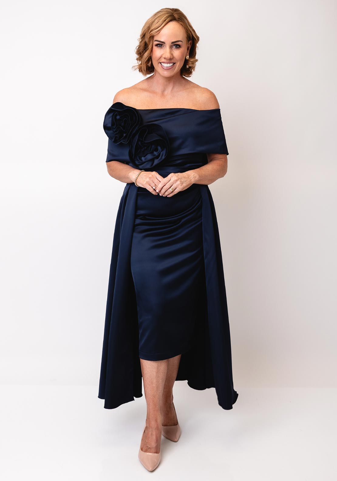 Kevan Jon Emma Corsage Satin Dress, Navy - McElhinneys Kevan Jon Emma Corsage Satin Dress, Navy - McElhinneys