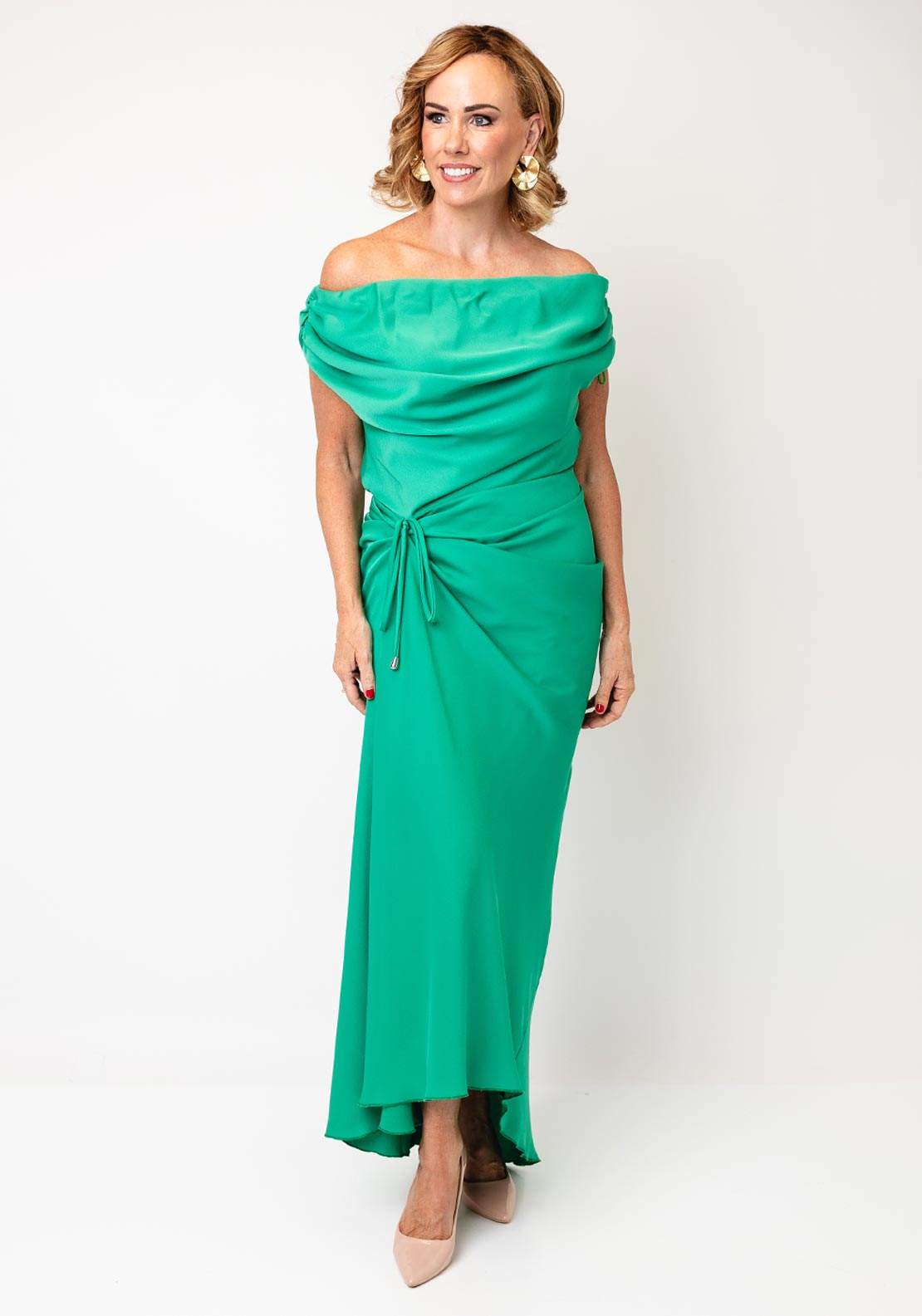 Kevan Jon Eugenia Satin Long Asymmetric Dress, Green