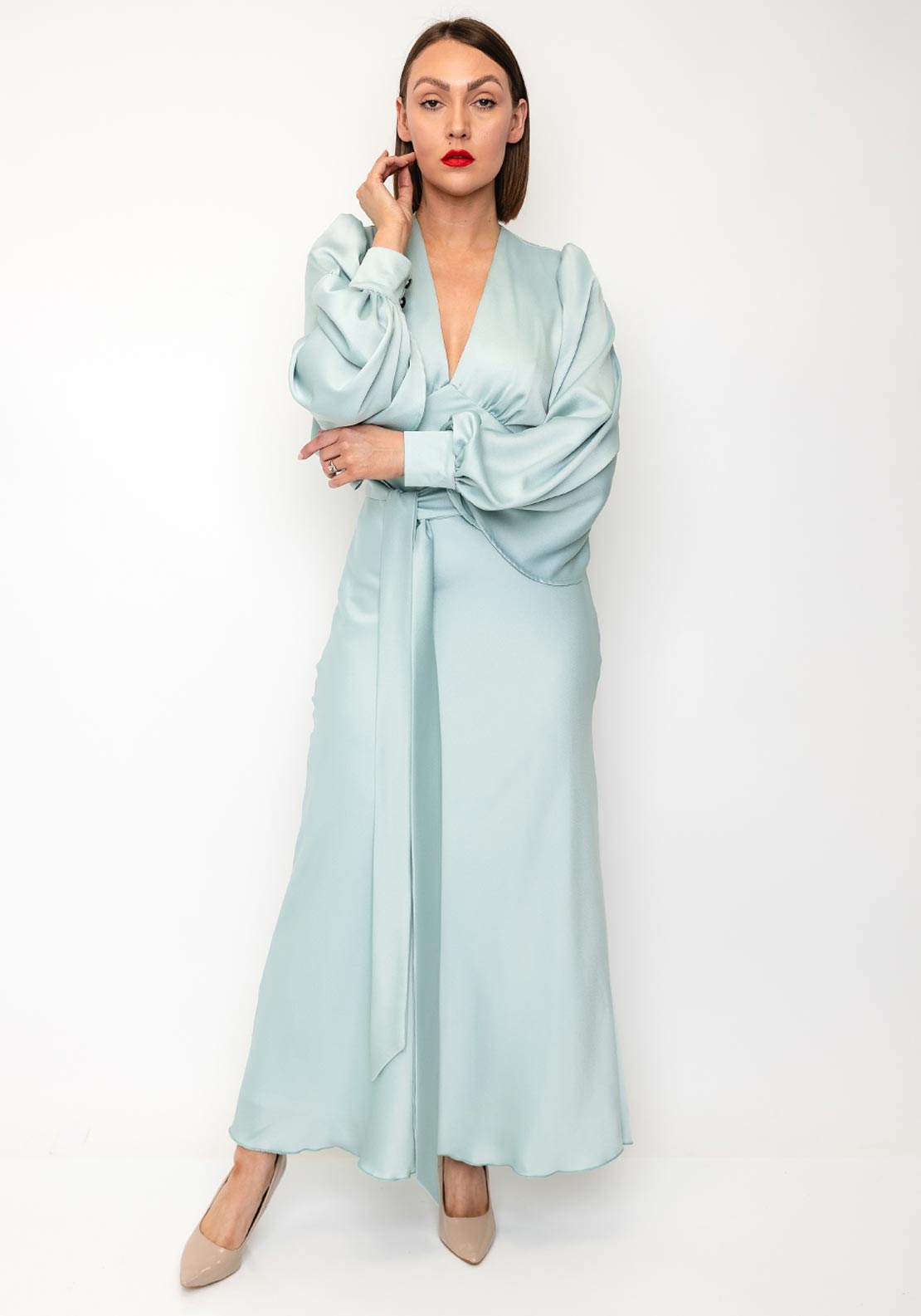 Kevan Jon Francis Plunge Neck Midi Dress, Dusty Blue