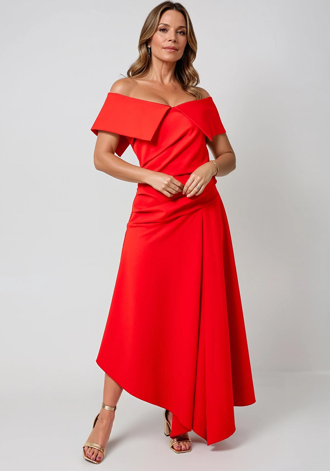 Kevan Jon Nula Bardot Asymmetric Dress, Red - McElhinneys Kevan Jon Nula Bardot Asymmetric Dress, Red - McElhinneys