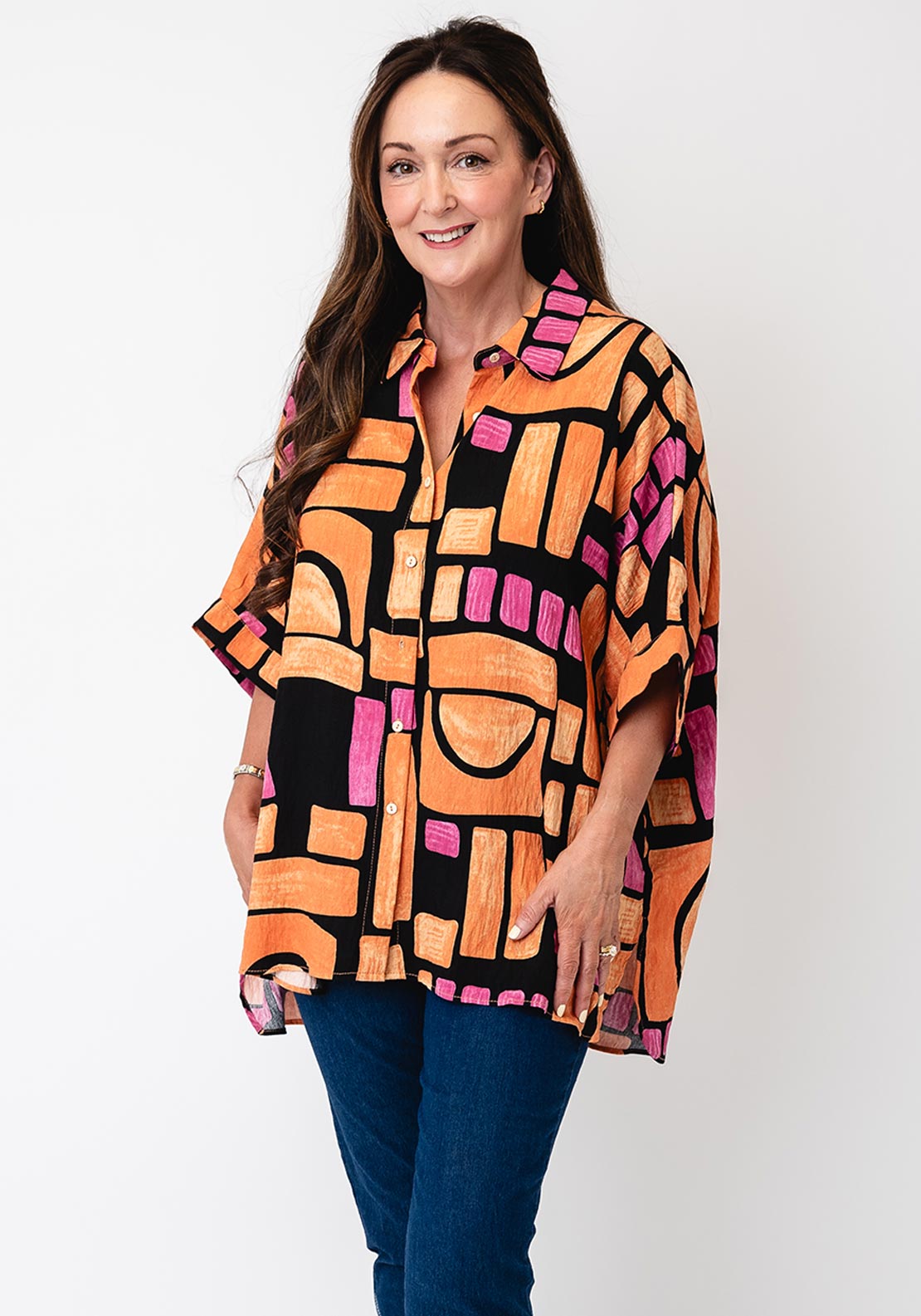 Serafina Collection One Size Geo Print Shirt, Orange