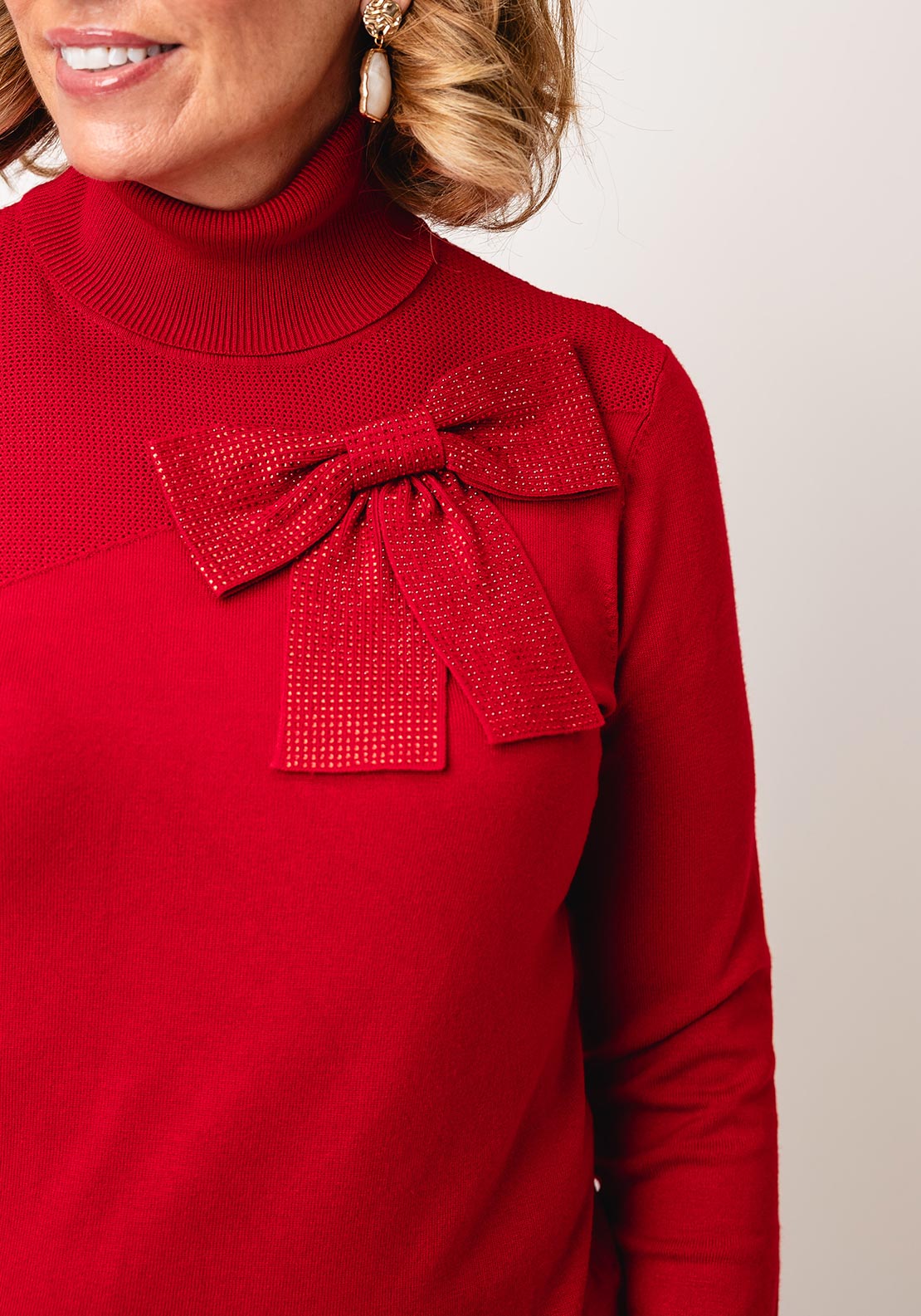 Leo & Ugo High Neck Embellished Bow Detail Jumper, Red