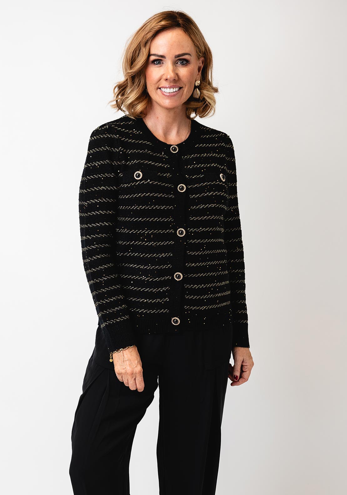 Leo & Ugo Textured Gold Striped Cardigan, Black